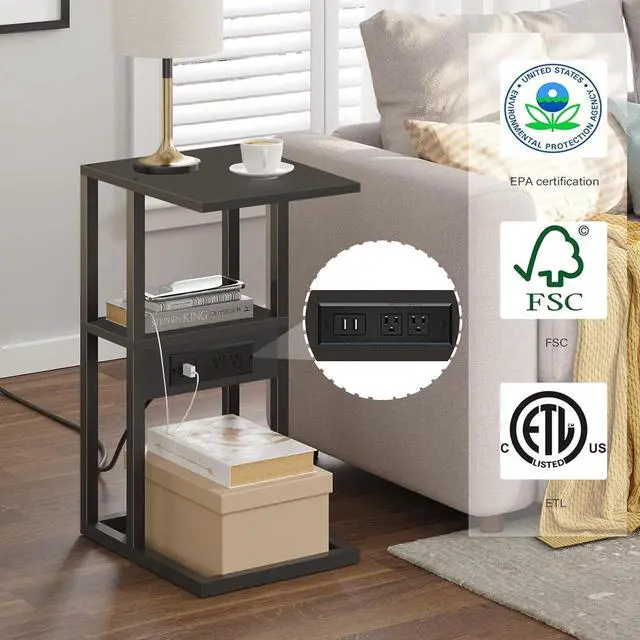 Alt view image 4 of 7 - TUTOTAK C-Shaped Side Table, C Table End Table with Charging Station, Sofa Couch Table for Small Spaces, Couch Side Table for Livingroom, Bedroom, Black TB01BK043