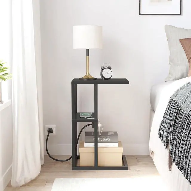 Alt view image 5 of 7 - TUTOTAK C-Shaped Side Table, C Table End Table with Charging Station, Sofa Couch Table for Small Spaces, Couch Side Table for Livingroom, Bedroom, Black TB01BK043