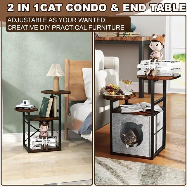 Alt view image 3 of 7 - End Table Round Side Table for Small Spaces Slim Bedside Table Night Stand with Storage Shelves Removable Cat Condo Bed Modern Corner Accent Tables for Living Room Bedroom Plant Stand Balcony