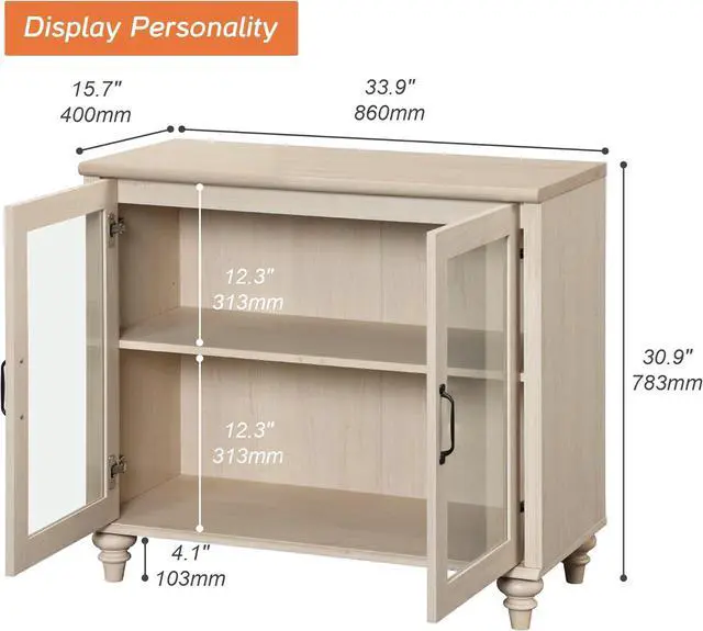 Alt view image 2 of 7 - WAMPAT Buffet Cabinet with Glass Doors, Coffee Bar Table Wood Kitchen Storage Cabinets with Storage Cabinets & Adjustable Shelf, Modern Farmhouse Sideboard Credenza for Dining Room, Beige, 34 inch