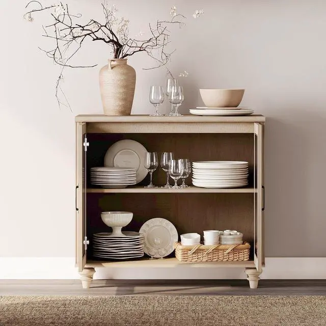 Alt view image 3 of 7 - WAMPAT Buffet Cabinet with Glass Doors, Coffee Bar Table Wood Kitchen Storage Cabinets with Storage Cabinets & Adjustable Shelf, Modern Farmhouse Sideboard Credenza for Dining Room, Beige, 34 inch