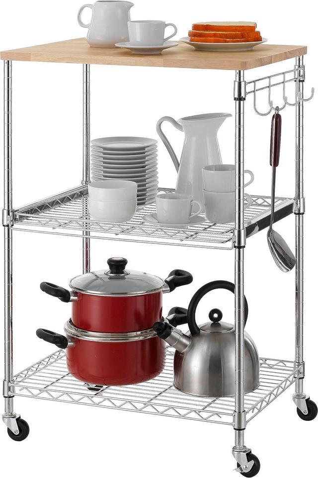 Alt view image 2 of 7 - Finnhomy 3-Tier Rolling Kitchen Cart, Microwave Cart with Oak Wood Tabletop and Drawer Slider, Coffee Cart & Food Service Cart with Hooks, Chrome