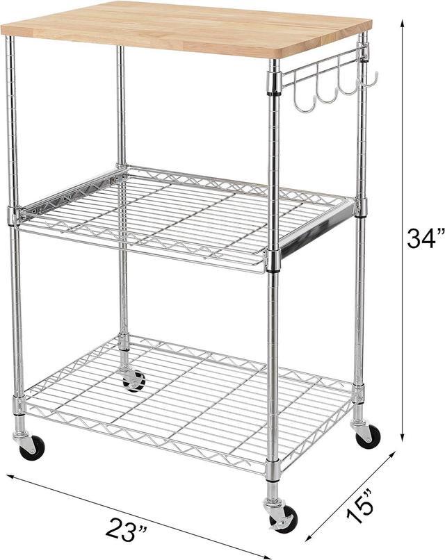 Alt view image 3 of 7 - Finnhomy 3-Tier Rolling Kitchen Cart, Microwave Cart with Oak Wood Tabletop and Drawer Slider, Coffee Cart & Food Service Cart with Hooks, Chrome