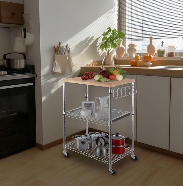 Alt view image 4 of 7 - Finnhomy 3-Tier Rolling Kitchen Cart, Microwave Cart with Oak Wood Tabletop and Drawer Slider, Coffee Cart & Food Service Cart with Hooks, Chrome