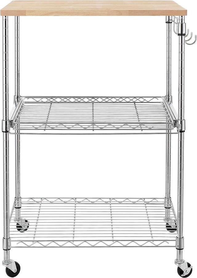 Alt view image 7 of 7 - Finnhomy 3-Tier Rolling Kitchen Cart, Microwave Cart with Oak Wood Tabletop and Drawer Slider, Coffee Cart & Food Service Cart with Hooks, Chrome