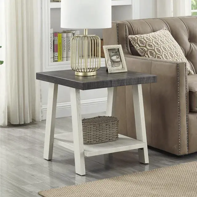 Main image of Roundhill Furniture Athens Contemporary Wood Shelf End Table, Weathered Charcoal and Beige