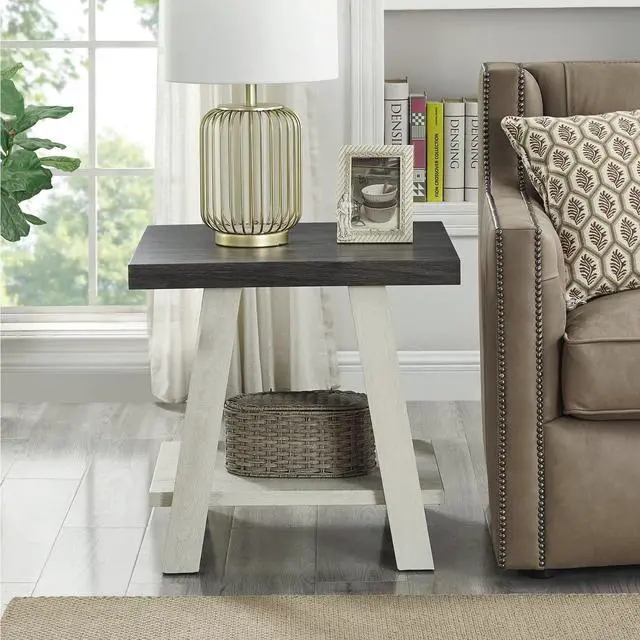 Alt view image 2 of 4 - Roundhill Furniture Athens Contemporary Wood Shelf End Table, Weathered Charcoal and Beige