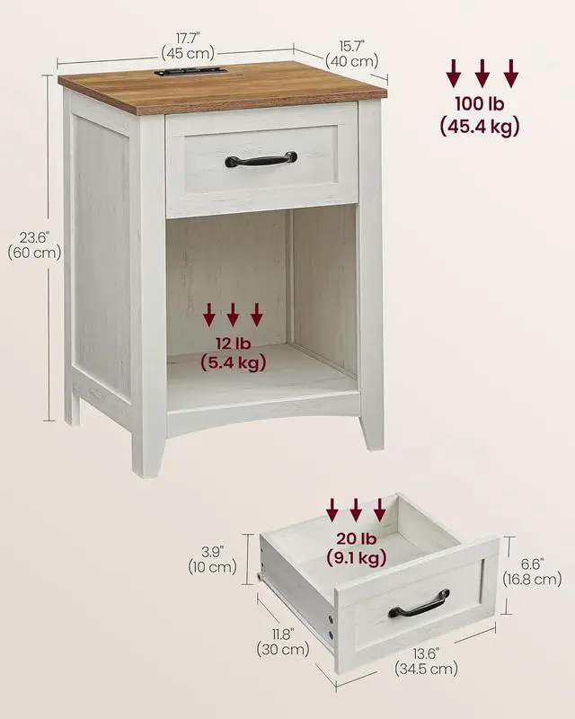 Alt view image 3 of 7 - VASAGLE Farmhouse Nightstands with Charging Station, Set of 2, Bedside Tables with Drawer, Open Compartment, Side Tables with Storage, for Bedroom, Rustic White and Honey Brown ULET859K41