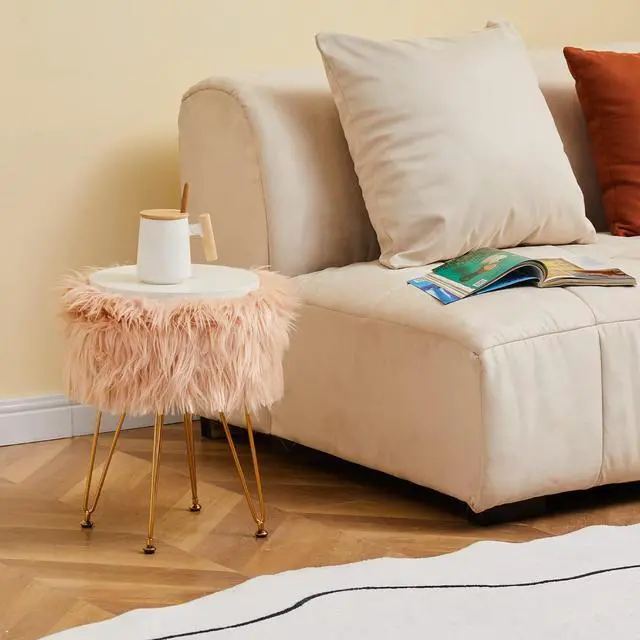 Alt view image 2 of 7 - Mxfurhawa Faux Fur Storage Ottoman Round Furry Vanity Stool Marble Grain Tray Coffee Table Compact Footrest Stool with 4 Metal Legs Soft Makeup Seat Foot Stools Living Room Bedroom Entryway Champagne