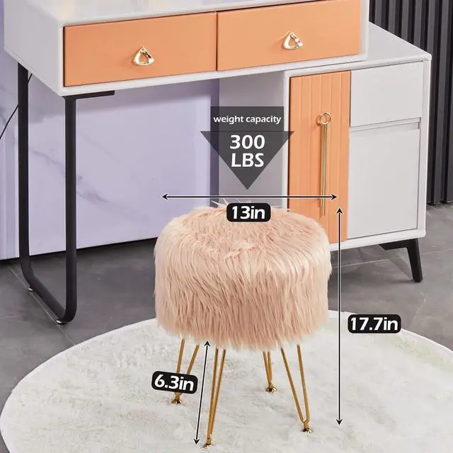 Alt view image 3 of 7 - Mxfurhawa Faux Fur Storage Ottoman Round Furry Vanity Stool Marble Grain Tray Coffee Table Compact Footrest Stool with 4 Metal Legs Soft Makeup Seat Foot Stools Living Room Bedroom Entryway Champagne
