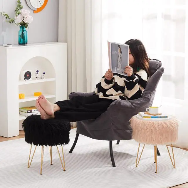 Alt view image 4 of 7 - Mxfurhawa Faux Fur Storage Ottoman Round Furry Vanity Stool Marble Grain Tray Coffee Table Compact Footrest Stool with 4 Metal Legs Soft Makeup Seat Foot Stools Living Room Bedroom Entryway Champagne