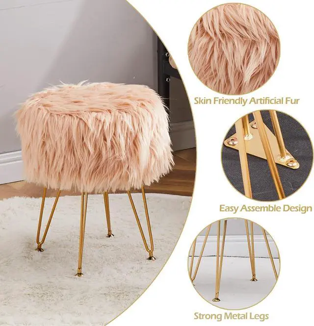 Alt view image 5 of 7 - Mxfurhawa Faux Fur Storage Ottoman Round Furry Vanity Stool Marble Grain Tray Coffee Table Compact Footrest Stool with 4 Metal Legs Soft Makeup Seat Foot Stools Living Room Bedroom Entryway Champagne