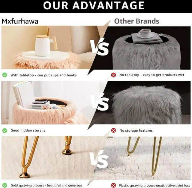 Alt view image 6 of 7 - Mxfurhawa Faux Fur Storage Ottoman Round Furry Vanity Stool Marble Grain Tray Coffee Table Compact Footrest Stool with 4 Metal Legs Soft Makeup Seat Foot Stools Living Room Bedroom Entryway Champagne
