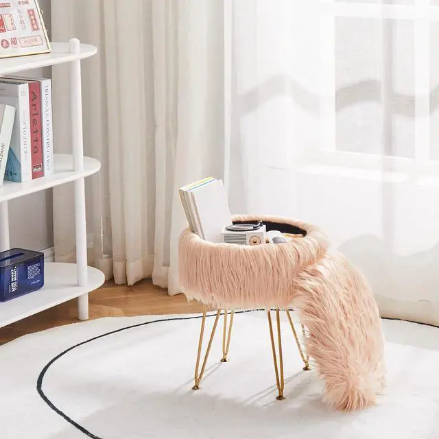 Alt view image 7 of 7 - Mxfurhawa Faux Fur Storage Ottoman Round Furry Vanity Stool Marble Grain Tray Coffee Table Compact Footrest Stool with 4 Metal Legs Soft Makeup Seat Foot Stools Living Room Bedroom Entryway Champagne