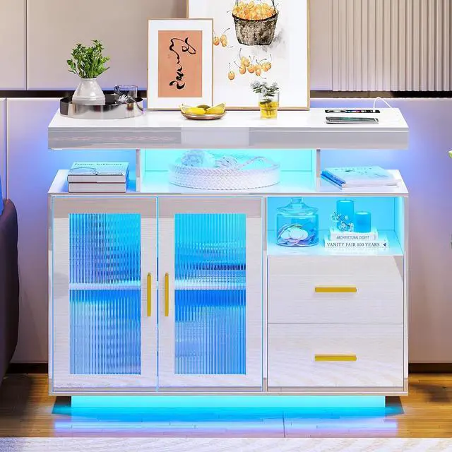Alt view image 2 of 6 - 39.4" Modern LED Sideboard Buffet with Wireless Charging Station, High Gloss Entrance Cabinet with Motion Sensor Light, Coffee Bar for Dining Room, Kitchen, Hallway (White)