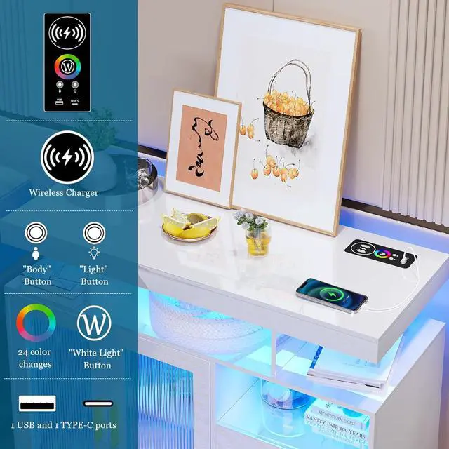 Alt view image 3 of 6 - 39.4" Modern LED Sideboard Buffet with Wireless Charging Station, High Gloss Entrance Cabinet with Motion Sensor Light, Coffee Bar for Dining Room, Kitchen, Hallway (White)