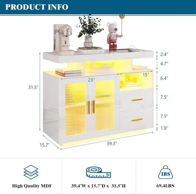 Main image of 39.4" Modern LED Sideboard Buffet with Wireless Charging Station, High Gloss Entrance Cabinet with Motion Sensor Light, Coffee Bar for Dining Room, Kitchen, Hallway (White)