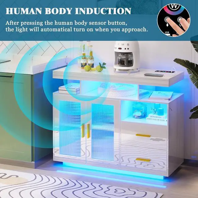 Alt view image 5 of 6 - 39.4" Modern LED Sideboard Buffet with Wireless Charging Station, High Gloss Entrance Cabinet with Motion Sensor Light, Coffee Bar for Dining Room, Kitchen, Hallway (White)
