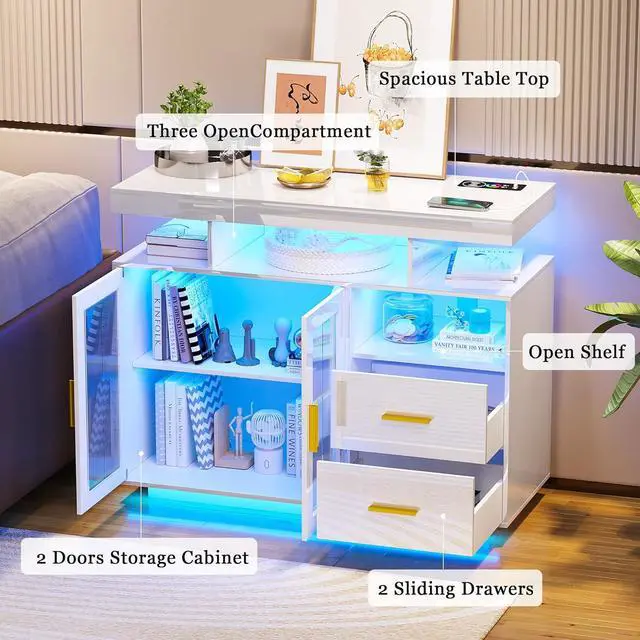 Alt view image 6 of 6 - 39.4" Modern LED Sideboard Buffet with Wireless Charging Station, High Gloss Entrance Cabinet with Motion Sensor Light, Coffee Bar for Dining Room, Kitchen, Hallway (White)
