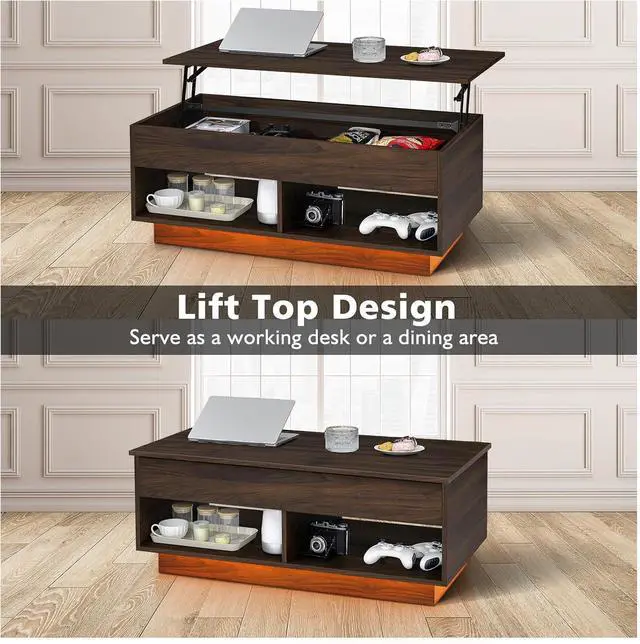Alt view image 3 of 7 - HOMMPA LED Lift Top Coffee Table and TV Stand Set of 2,Modern LED Entertainment Center with Power Outlets for up to 70" TV, Coffee Table with Hidden Compartment & 2 Open Shelve Walnut