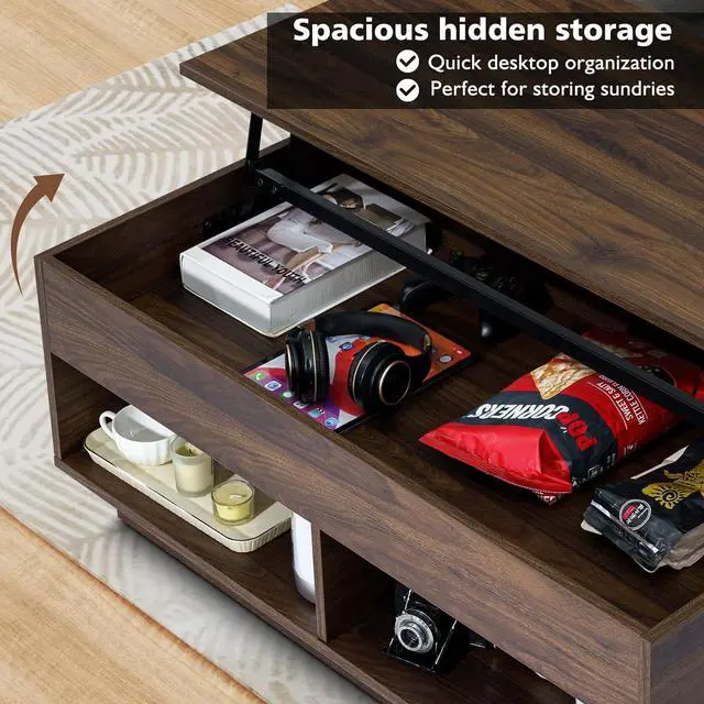 Alt view image 5 of 7 - HOMMPA LED Lift Top Coffee Table and TV Stand Set of 2,Modern LED Entertainment Center with Power Outlets for up to 70" TV, Coffee Table with Hidden Compartment & 2 Open Shelve Walnut