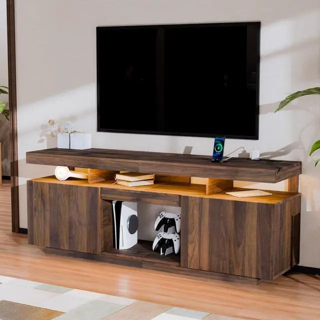 Alt view image 6 of 7 - HOMMPA LED Lift Top Coffee Table and TV Stand Set of 2,Modern LED Entertainment Center with Power Outlets for up to 70" TV, Coffee Table with Hidden Compartment & 2 Open Shelve Walnut