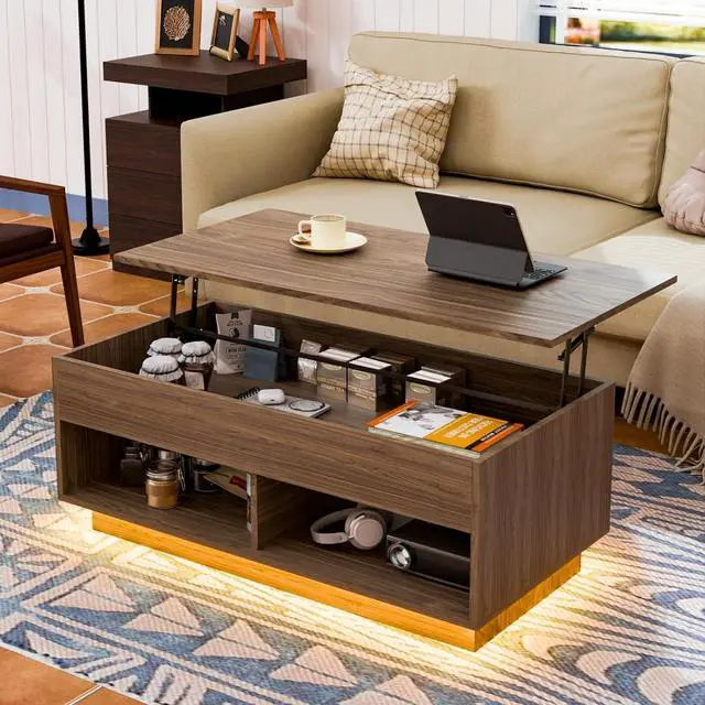 Alt view image 4 of 7 - HOMMPA LED Lift Top Coffee Table and TV Stand Set of 2,Modern LED Entertainment Center with Power Outlets for up to 70" TV, Coffee Table with Hidden Compartment & 2 Open Shelve Walnut