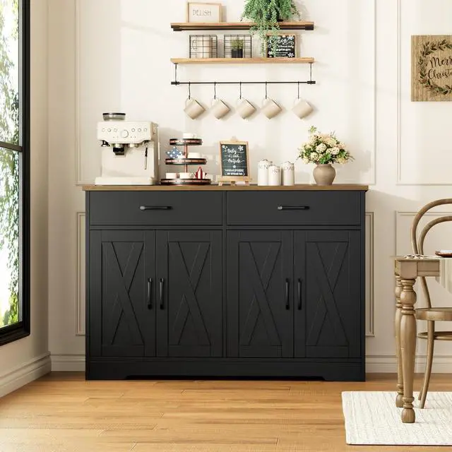 Alt view image 2 of 7 - HOSTACK Coffee Bar Cabinet, 47.2" Buffet Cabinet with Storage, Modern Farmhouse Kitchen Buffet Sideboard with Drawers and Shelves, Barn Doors Storage Cabinet for Living Room, Black/Rustic Brown