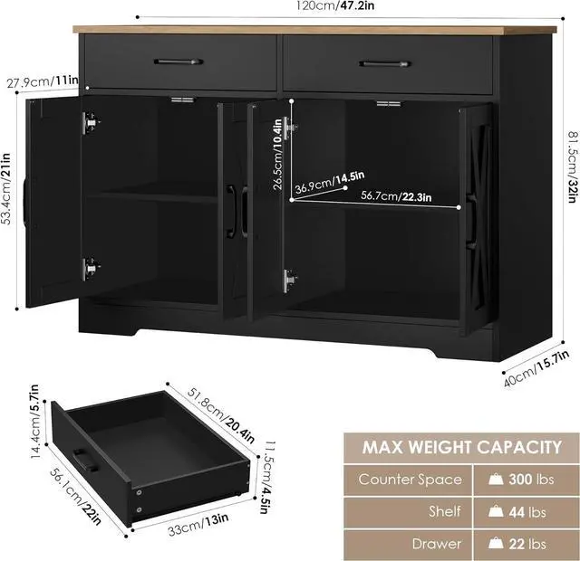 Alt view image 3 of 7 - HOSTACK Coffee Bar Cabinet, 47.2" Buffet Cabinet with Storage, Modern Farmhouse Kitchen Buffet Sideboard with Drawers and Shelves, Barn Doors Storage Cabinet for Living Room, Black/Rustic Brown