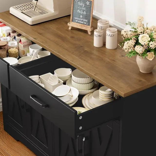 Alt view image 5 of 7 - HOSTACK Coffee Bar Cabinet, 47.2" Buffet Cabinet with Storage, Modern Farmhouse Kitchen Buffet Sideboard with Drawers and Shelves, Barn Doors Storage Cabinet for Living Room, Black/Rustic Brown