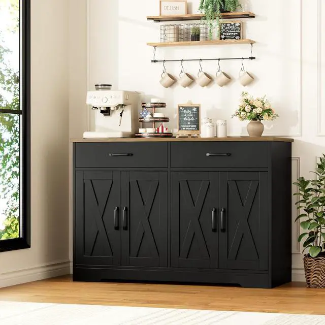 Alt view image 7 of 7 - HOSTACK Coffee Bar Cabinet, 47.2" Buffet Cabinet with Storage, Modern Farmhouse Kitchen Buffet Sideboard with Drawers and Shelves, Barn Doors Storage Cabinet for Living Room, Black/Rustic Brown