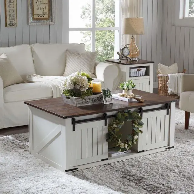 Alt view image 2 of 6 - 48" Lift Top Coffee Table, Farmhouse Cocktai with Sliding Groove Barn Door, Rustic Wood Center Table w/Double Storage Spaces for Living Room, White