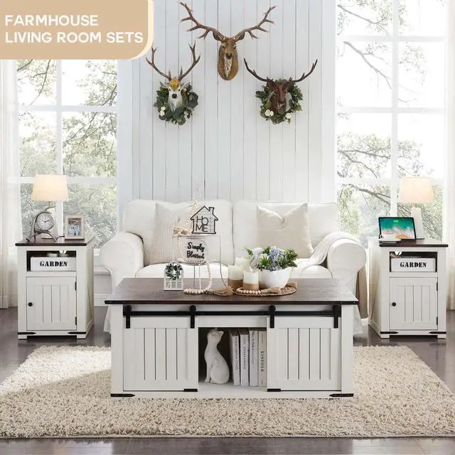 Alt view image 6 of 6 - 48" Lift Top Coffee Table, Farmhouse Cocktai with Sliding Groove Barn Door, Rustic Wood Center Table w/Double Storage Spaces for Living Room, White