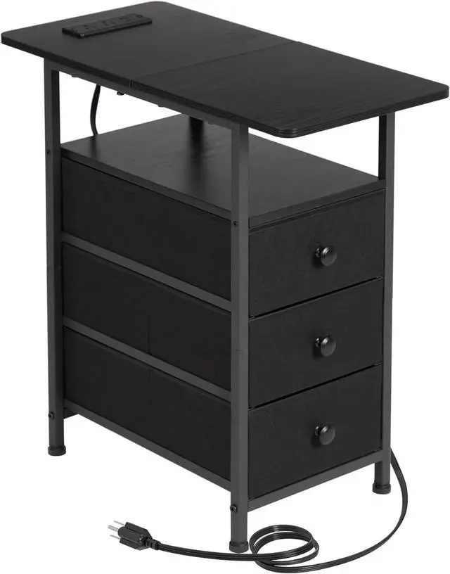 Main image of AMHANCIBLE Narrow Side Table with Charging Station, Slim End Table with USB Ports and Outlets, Nightstand with 3 Fabric Drawers for Bedroom, Living Room, Small Space, Black, HETN013BK-1