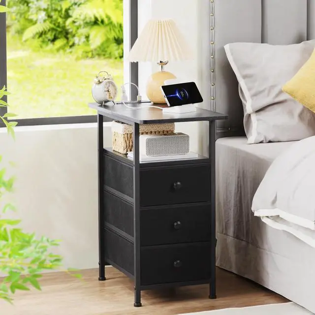 Alt view image 2 of 7 - AMHANCIBLE Narrow Side Table with Charging Station, Slim End Table with USB Ports and Outlets, Nightstand with 3 Fabric Drawers for Bedroom, Living Room, Small Space, Black, HETN013BK-1