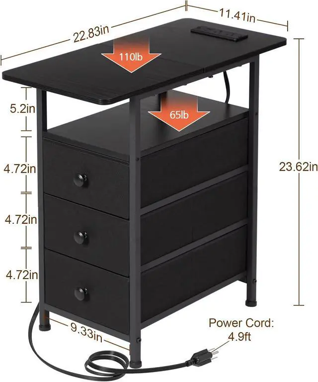 Alt view image 3 of 7 - AMHANCIBLE Narrow Side Table with Charging Station, Slim End Table with USB Ports and Outlets, Nightstand with 3 Fabric Drawers for Bedroom, Living Room, Small Space, Black, HETN013BK-1