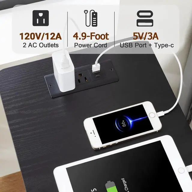 Alt view image 4 of 7 - AMHANCIBLE Narrow Side Table with Charging Station, Slim End Table with USB Ports and Outlets, Nightstand with 3 Fabric Drawers for Bedroom, Living Room, Small Space, Black, HETN013BK-1
