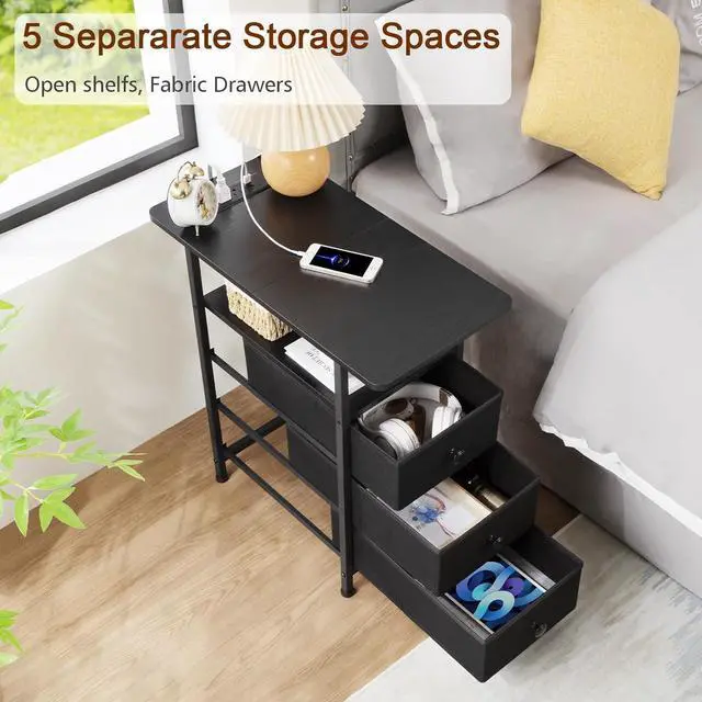 Alt view image 5 of 7 - AMHANCIBLE Narrow Side Table with Charging Station, Slim End Table with USB Ports and Outlets, Nightstand with 3 Fabric Drawers for Bedroom, Living Room, Small Space, Black, HETN013BK-1
