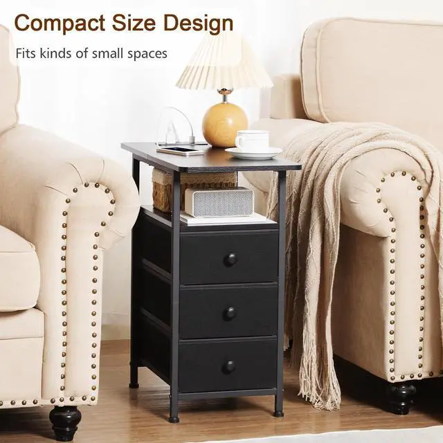Alt view image 6 of 7 - AMHANCIBLE Narrow Side Table with Charging Station, Slim End Table with USB Ports and Outlets, Nightstand with 3 Fabric Drawers for Bedroom, Living Room, Small Space, Black, HETN013BK-1