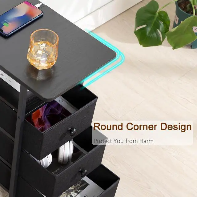 Alt view image 7 of 7 - AMHANCIBLE Narrow Side Table with Charging Station, Slim End Table with USB Ports and Outlets, Nightstand with 3 Fabric Drawers for Bedroom, Living Room, Small Space, Black, HETN013BK-1