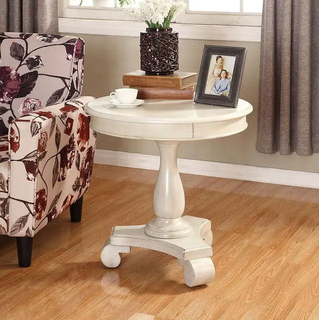 Main image of Roundhill Furniture Rene Round Wood Pedestal Side Table, Single, Antique White