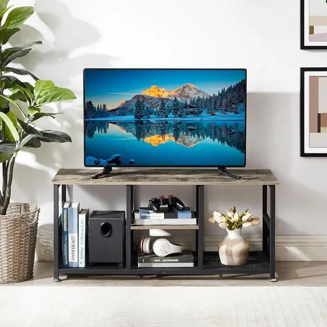 Alt view image 2 of 7 - VECELO TV Stand Up to 50 Inches, 39 Inch Industrial Entertainment Center Media Console with Open Storage Shelves, Wooden Coffee Table with Metal Frame, Grey