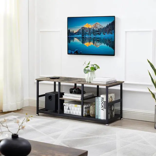 Alt view image 3 of 7 - VECELO TV Stand Up to 50 Inches, 39 Inch Industrial Entertainment Center Media Console with Open Storage Shelves, Wooden Coffee Table with Metal Frame, Grey