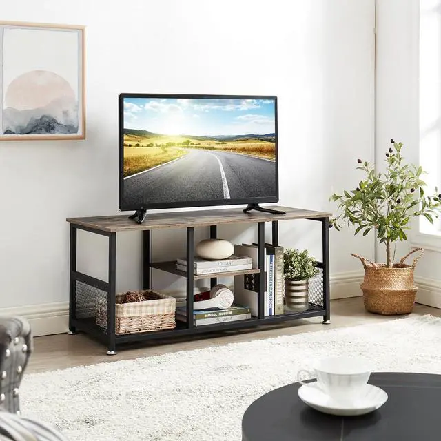 Alt view image 4 of 7 - VECELO TV Stand Up to 50 Inches, 39 Inch Industrial Entertainment Center Media Console with Open Storage Shelves, Wooden Coffee Table with Metal Frame, Grey