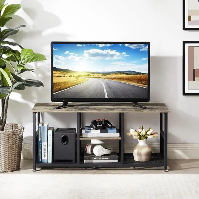 Alt view image 5 of 7 - VECELO TV Stand Up to 50 Inches, 39 Inch Industrial Entertainment Center Media Console with Open Storage Shelves, Wooden Coffee Table with Metal Frame, Grey