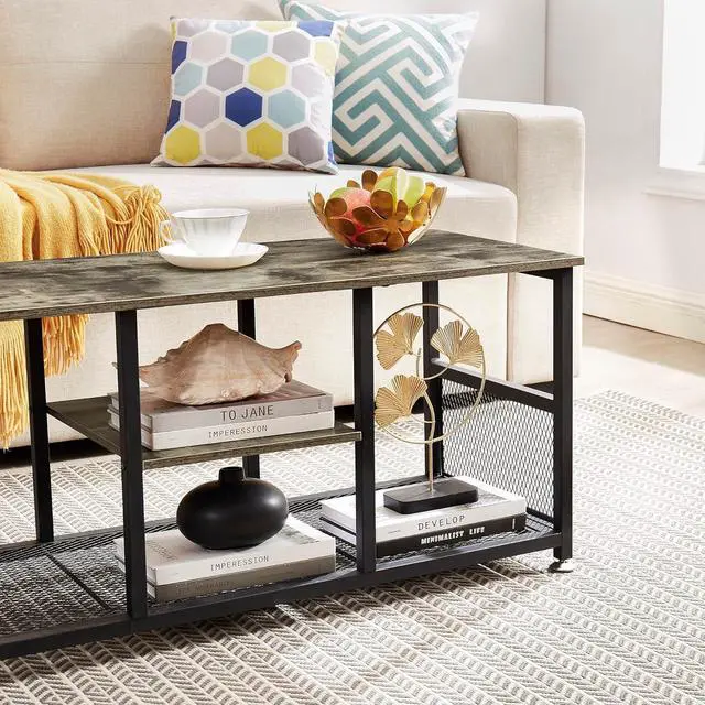 Alt view image 7 of 7 - VECELO TV Stand Up to 50 Inches, 39 Inch Industrial Entertainment Center Media Console with Open Storage Shelves, Wooden Coffee Table with Metal Frame, Grey