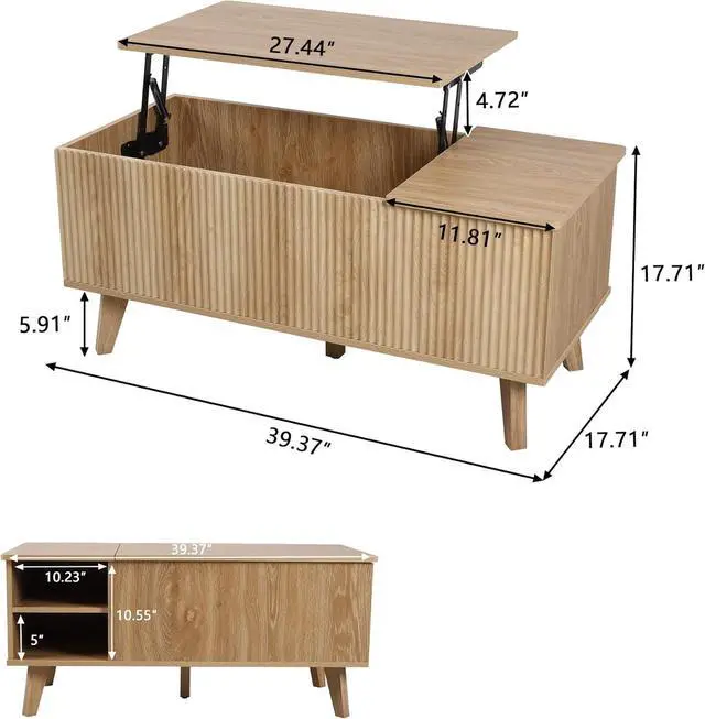 Alt view image 2 of 7 - Wooden Fluted Lift Top Coffee Table with Hidden Compartment, Modern Rectangle Center Tables with Adjustable Storage Shelf, Lift Tabletop Dining Table for Home Living Room Office(Natural)