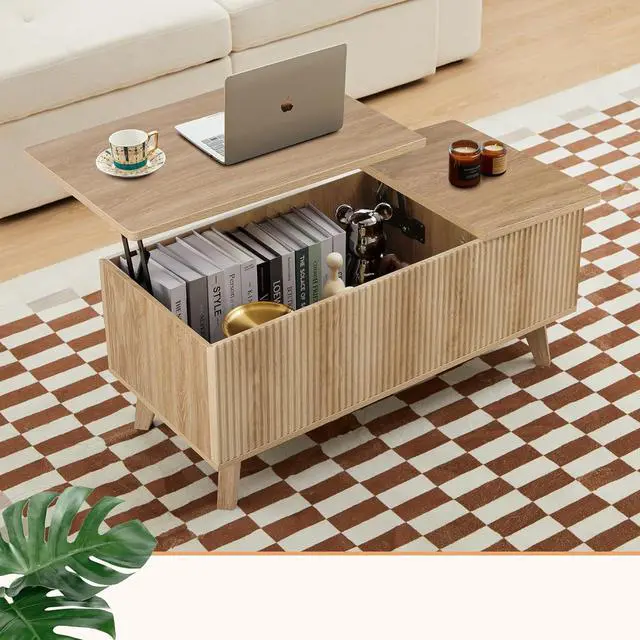 Alt view image 7 of 7 - Wooden Fluted Lift Top Coffee Table with Hidden Compartment, Modern Rectangle Center Tables with Adjustable Storage Shelf, Lift Tabletop Dining Table for Home Living Room Office(Natural)