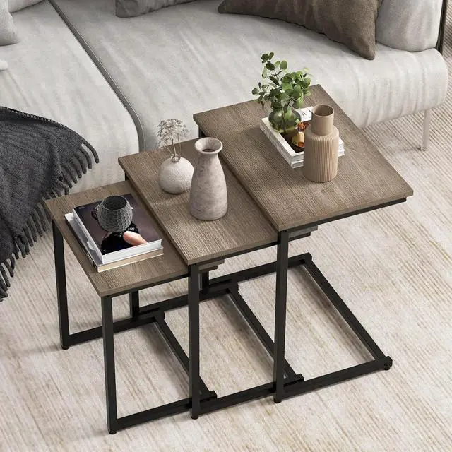 Main image of Giantex Nesting Coffee Table Set of 3, Stackable Square End Table w/Wood Grain Tabletop & Heavy-Duty Metal Frame, Farmhouse C-Shaped Accent Table for Small Space, Living Room, Bedroom (Black Oak)