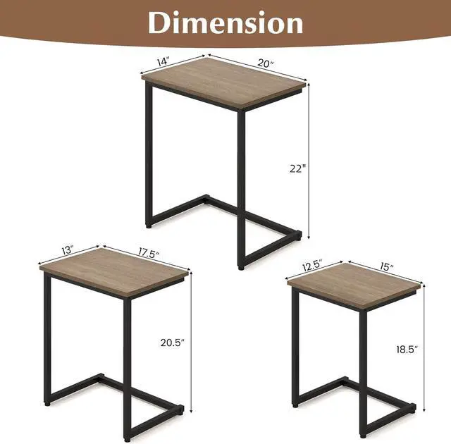 Alt view image 2 of 6 - Giantex Nesting Coffee Table Set of 3, Stackable Square End Table w/Wood Grain Tabletop & Heavy-Duty Metal Frame, Farmhouse C-Shaped Accent Table for Small Space, Living Room, Bedroom (Black Oak)